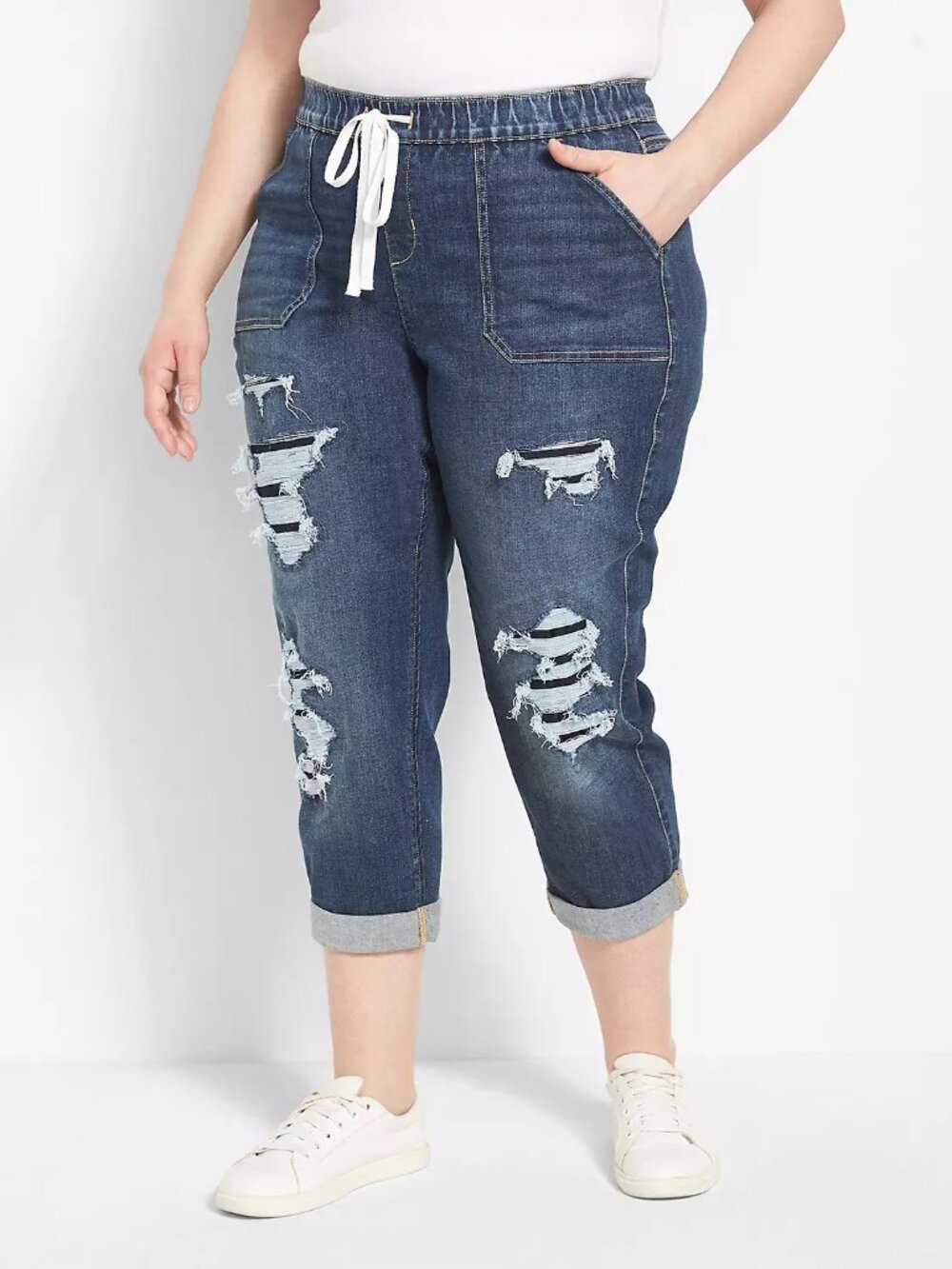 Lane Bryant Dark Blue Distressed Cropped Denim Jogger Jeans